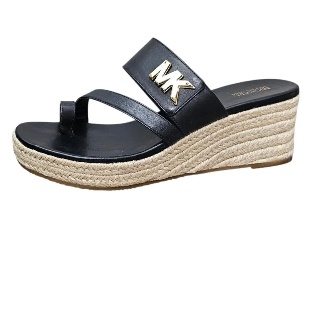 Michael Kors New Women's Jilly Logo Leather Espadrille Wedge Sandals Black 8.5
